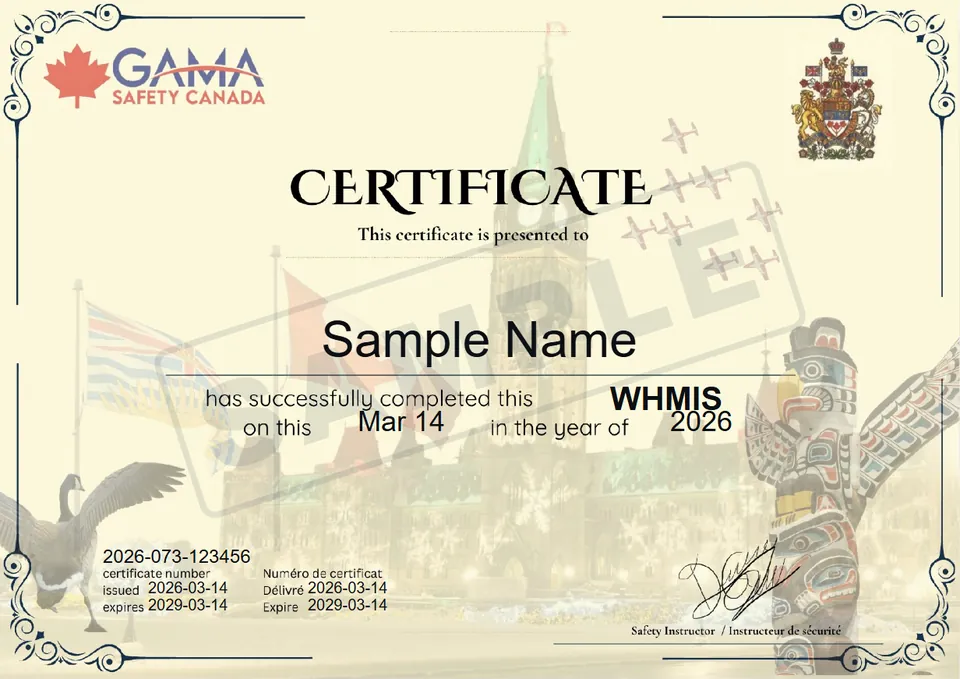 Sample WHMIS certificate from Gama Safety Canada