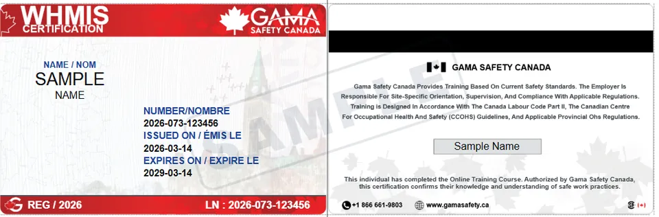 Sample WHMIS wallet card, front and back